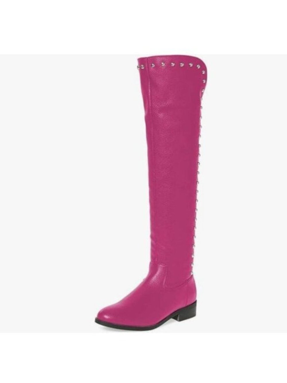 XYD Fuchsia Knee High Winter Riding Boot Round Toe Low Heel Studded Zip Boot